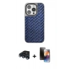MARSİLYAN™- iPhone 15 Pro Max Kılıf Siluet Form Serisi - Siyah 3D Antistatik Mat Seramik Nano Ekran Koruyucu + Lacivert Raze Metal Kamera Lens