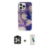 MARSİLYAN™- iPhone 15 Pro Max Kılıf Ufuk Doku Prime - Şeffaf Pasifik Cam Ekran Koruyucu + Turuncu PVD Metal Kamera Lens