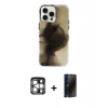 MARSİLYAN™- iPhone 15 Pro Max Kılıf Ufuk Doku Prime - Siyah 3D Antistatik Hayalet Cam Ekran Koruyucu + PVD Metal Kamera Lens - GS