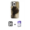 MARSİLYAN™- iPhone 15 Pro Max Kılıf Ufuk Doku Prime - Siyah Bilvis 5in1 3D Magic Cam Ekran Koruyucu + PVD Metal Kamera Lens - GS