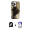MARSİLYAN™- iPhone 15 Pro Max Kılıf Ufuk Doku Prime - Siyah Bilvis 5in1 3D Magic Cam Ekran Koruyucu + PVD Metal Kamera Lens - TU