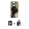 MARSİLYAN™- iPhone 15 Pro Max Kılıf Ufuk Doku Prime - Siyah Vanessa Magic Cam + Turuncu PVD Metal Kamera Lens