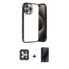 MARSİLYAN™- iPhone 15 Pro Max Kılıf Vadi Minimal - Siyah 3D Antistatik Hayalet Cam Ekran Koruyucu + PVD Metal Kamera Lens - GI