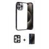 MARSİLYAN™- iPhone 15 Pro Max Kılıf Vadi Minimal - Siyah 3D Antistatik Hayalet Cam Ekran Koruyucu + PVD Metal Kamera Lens - LT