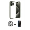 MARSİLYAN™- iPhone 15 Pro Max Kılıf Vadi Minimal - Siyah 3D Antistatik Hayalet Cam Ekran Koruyucu + PVD Metal Kamera Lens - GS