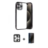 MARSİLYAN™- iPhone 15 Pro Max Kılıf Vadi Minimal - Siyah 3D Antistatik Hayalet Cam Ekran Koruyucu + PVD Metal Kamera Lens - GS