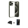 MARSİLYAN™- iPhone 15 Pro Max Kılıf Vadi Minimal - Siyah 3D Antistatik Hayalet Cam Ekran Koruyucu + Raze Metal Kamera Lens - TMGI