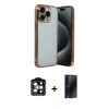 MARSİLYAN™- iPhone 15 Pro Max Kılıf Vadi Minimal - Siyah 3D Antistatik Hayalet Cam Ekran Koruyucu + Turuncu PVD Metal Kamera Lens