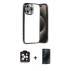 MARSİLYAN™- iPhone 15 Pro Max Kılıf Vadi Minimal - Siyah 3D Antistatik Hayalet Cam Ekran Koruyucu + Turuncu PVD Metal Kamera Lens