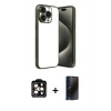 MARSİLYAN™- iPhone 15 Pro Max Kılıf Vadi Minimal - Siyah 3D Antistatik Hayalet Cam Ekran Koruyucu + Turuncu PVD Metal Kamera Lens