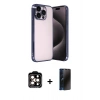 MARSİLYAN™- iPhone 15 Pro Max Kılıf Vadi Minimal - Siyah 3D Antistatik Hayalet Cam Ekran Koruyucu + Turuncu PVD Metal Kamera Lens