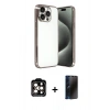 MARSİLYAN™- iPhone 15 Pro Max Kılıf Vadi Minimal - Siyah 3D Antistatik Hayalet Cam Ekran Koruyucu + Turuncu PVD Metal Kamera Lens