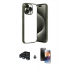 MARSİLYAN™- iPhone 15 Pro Max Kılıf Vadi Minimal - Siyah 3D Antistatik Mat Seramik Nano Ekran Koruyucu + Lacivert Raze Metal Kamera Lens