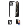MARSİLYAN™- iPhone 15 Pro Max Kılıf Vadi Minimal - Siyah 3D Antistatik Mat Seramik Nano Ekran Koruyucu + PVD Metal Kamera Lens - SH