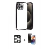MARSİLYAN™- iPhone 15 Pro Max Kılıf Vadi Minimal - Siyah 3D Antistatik Mat Seramik Nano Ekran Koruyucu + PVD Metal Kamera Lens - GS