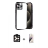 MARSİLYAN™- iPhone 15 Pro Max Kılıf Vadi Minimal - Siyah Bilvis 3D Mat Cam Ekran Koruyucu + Turuncu PVD Metal Kamera Lens