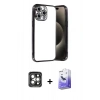 MARSİLYAN™- iPhone 15 Pro Max Kılıf Vadi Minimal - Siyah Bilvis 5in1 5D Magic Hayalet Cam Ekran Koruyucu + PVD Metal Kamera Lens - GI
