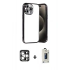 MARSİLYAN™- iPhone 15 Pro Max Kılıf Vadi Minimal - Siyah Bilvis Hayalet Cam Ekran Koruyucu + PVD Metal Kamera Lens - GS