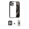 MARSİLYAN™- iPhone 15 Pro Max Kılıf Vadi Minimal - Siyah Bilvis Hayalet Cam Ekran Koruyucu + PVD Metal Kamera Lens - SH