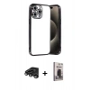 MARSİLYAN™- iPhone 15 Pro Max Kılıf Vadi Minimal - Siyah Bilvis Hayalet Cam Ekran Koruyucu + Raze Metal Kamera Lens - TMGI
