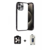 MARSİLYAN™- iPhone 15 Pro Max Kılıf Vadi Minimal - Siyah Bilvis Hayalet Cam Ekran Koruyucu + PVD Metal Kamera Lens - TU