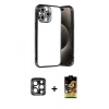 MARSİLYAN™- iPhone 15 Pro Max Kılıf Vadi Minimal - Siyah Buffer Cam Ekran Koruyucu + PVD Metal Kamera Lens - LT
