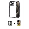 MARSİLYAN™- iPhone 15 Pro Max Kılıf Vadi Minimal - Siyah Buffer Cam Ekran Koruyucu + PVD Metal Kamera Lens - GS