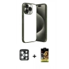 MARSİLYAN™- iPhone 15 Pro Max Kılıf Vadi Minimal - Siyah Buffer Cam Ekran Koruyucu + PVD Metal Kamera Lens - LT