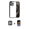 MARSİLYAN™- iPhone 15 Pro Max Kılıf Vadi Minimal - Siyah Buffer Hayalet Cam Ekran Koruyucu + Gri PVD Metal Kamera Lens