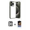 MARSİLYAN™- iPhone 15 Pro Max Kılıf Vadi Minimal - Siyah Buffer Hayalet Cam Ekran Koruyucu + PVD Metal Kamera Lens - GS
