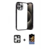MARSİLYAN™- iPhone 15 Pro Max Kılıf Vadi Minimal - Siyah Buffer Hayalet Cam Ekran Koruyucu + PVD Metal Kamera Lens - GS