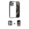 MARSİLYAN™- iPhone 15 Pro Max Kılıf Vadi Minimal - Siyah Buffer Hayalet Cam Ekran Koruyucu + PVD Metal Kamera Lens - LT