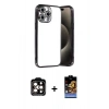 MARSİLYAN™- iPhone 15 Pro Max Kılıf Vadi Minimal - Siyah Buffer Hayalet Cam Ekran Koruyucu + PVD Metal Kamera Lens - TU