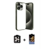 MARSİLYAN™- iPhone 15 Pro Max Kılıf Vadi Minimal - Siyah Buffer Hayalet Cam Ekran Koruyucu + PVD Metal Kamera Lens - TU