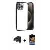 MARSİLYAN™- iPhone 15 Pro Max Kılıf Vadi Minimal - Siyah Buffer Hayalet Cam Ekran Koruyucu + Raze Metal Kamera Lens - GS