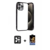 MARSİLYAN™- iPhone 15 Pro Max Kılıf Vadi Minimal - Siyah Buffer Hayalet Cam Ekran Koruyucu + Siyah PVD Metal Kamera Lens