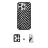 MARSİLYAN™- iPhone 15 Pro Max Kılıf Vadi Özel Seri - Siyah Bilvis 3D Mat Cam Ekran Koruyucu + Gümüş PVD Metal Kamera Lens