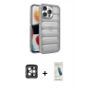 MARSİLYAN™- iPhone 15 Pro Max Kılıf Yadigar Doku Özel Seri - Şeffaf Pasifik Cam Ekran Koruyucu + Gri PVD Metal Kamera Lens