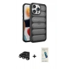 MARSİLYAN™- iPhone 15 Pro Max Kılıf Yadigar Doku Özel Seri - Şeffaf Pasifik Cam Ekran Koruyucu + Titanyum Gri Raze Metal Kamera Lens