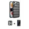 MARSİLYAN™- iPhone 15 Pro Max Kılıf Yadigar Doku Özel Seri - Siyah 3D Antistatik Hayalet Cam Ekran Koruyucu + Lacivert PVD Metal Kamera Lens