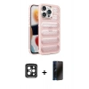 MARSİLYAN™- iPhone 15 Pro Max Kılıf Yadigar Doku Özel Seri - Siyah 3D Antistatik Hayalet Cam Ekran Koruyucu + PVD Metal Kamera Lens - SH