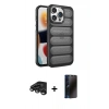 MARSİLYAN™- iPhone 15 Pro Max Kılıf Yadigar Doku Özel Seri - Siyah 3D Antistatik Hayalet Cam Ekran Koruyucu + Raze Metal Kamera Lens - TMGI