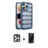 MARSİLYAN™- iPhone 15 Pro Max Kılıf Yadigar Doku Özel Seri - Siyah 3D Antistatik Hayalet Cam Ekran Koruyucu + Lacivert PVD Metal Kamera Lens