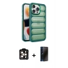 MARSİLYAN™- iPhone 15 Pro Max Kılıf Yadigar Doku Özel Seri - Siyah 3D Antistatik Hayalet Cam Ekran Koruyucu + Turuncu PVD Metal Kamera Lens
