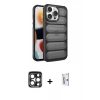 MARSİLYAN™- iPhone 15 Pro Max Kılıf Yadigar Doku Özel Seri - Siyah Bilvis 0.18mm Plus Cam Ekran Koruyucu + PVD Metal Kamera Lens - LT