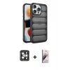 MARSİLYAN™- iPhone 15 Pro Max Kılıf Yadigar Doku Özel Seri - Siyah Bilvis 3D Mat Cam Ekran Koruyucu + PVD Metal Kamera Lens - GI