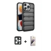 MARSİLYAN™- iPhone 15 Pro Max Kılıf Yadigar Doku Özel Seri - Siyah Bilvis 3D Mat Cam Ekran Koruyucu + PVD Metal Kamera Lens - LT