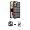 MARSİLYAN™- iPhone 15 Pro Max Kılıf Yadigar Doku Özel Seri - Siyah Bilvis 3D Mat Cam Ekran Koruyucu + PVD Metal Kamera Lens - SH