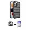 MARSİLYAN™- iPhone 15 Pro Max Kılıf Yadigar Doku Özel Seri - Siyah Bilvis 5in1 3D Magic Cam Ekran Koruyucu + PVD Metal Kamera Lens - GI