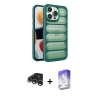 MARSİLYAN™- iPhone 15 Pro Max Kılıf Yadigar Doku Özel Seri - Siyah Bilvis 5in1 3D Magic Cam Ekran Koruyucu + Gümüş Raze Metal Kamera Lens